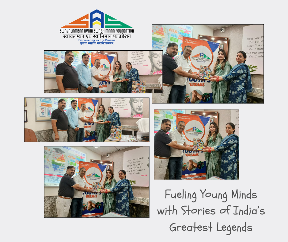 SAS Foundation team members leading education initiatives in Delhi by donating biography books to Govt. Co-ed Senior Secondary School, Dwarka."